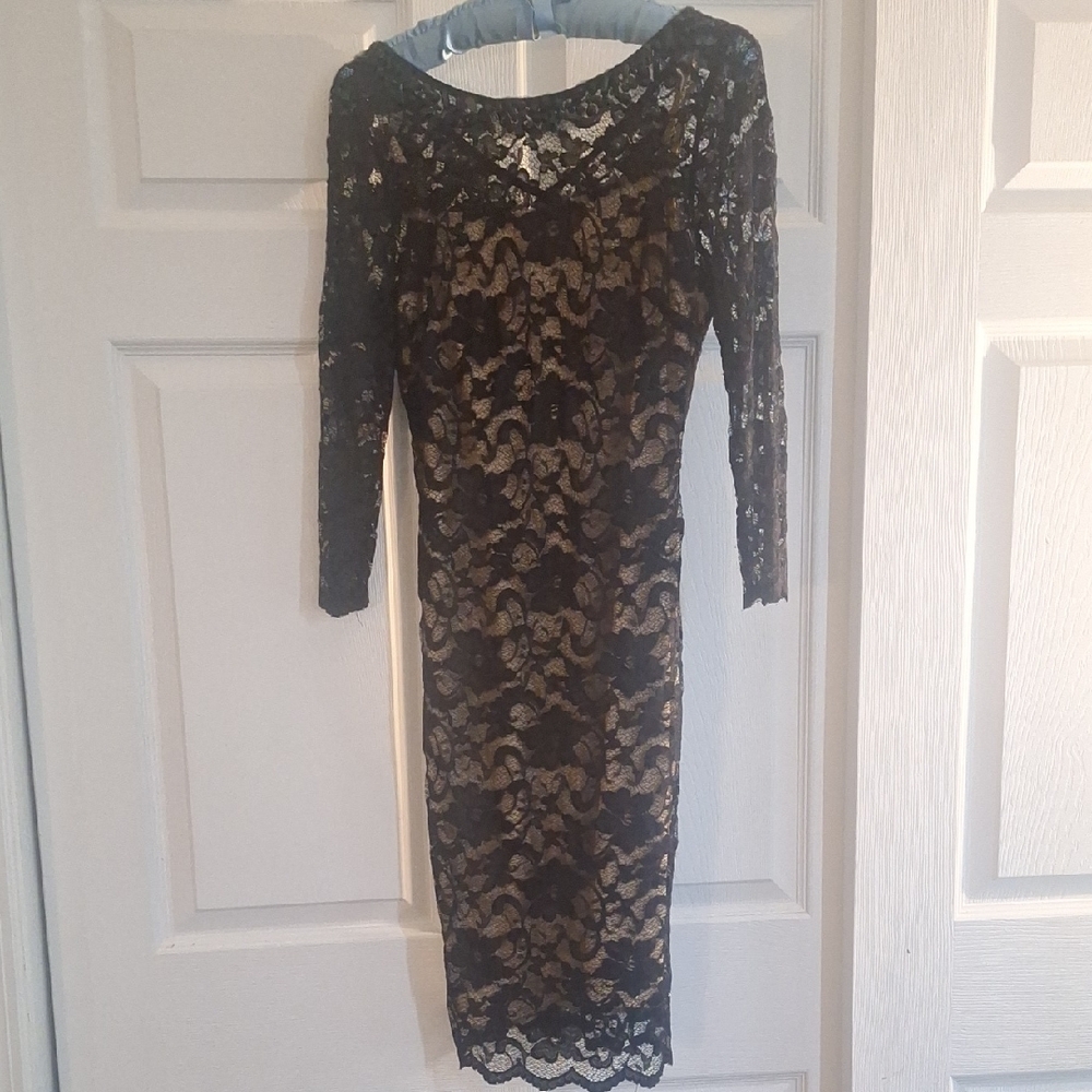 MARINA Black Sheath Cocktail Dress with Scoop Neck
